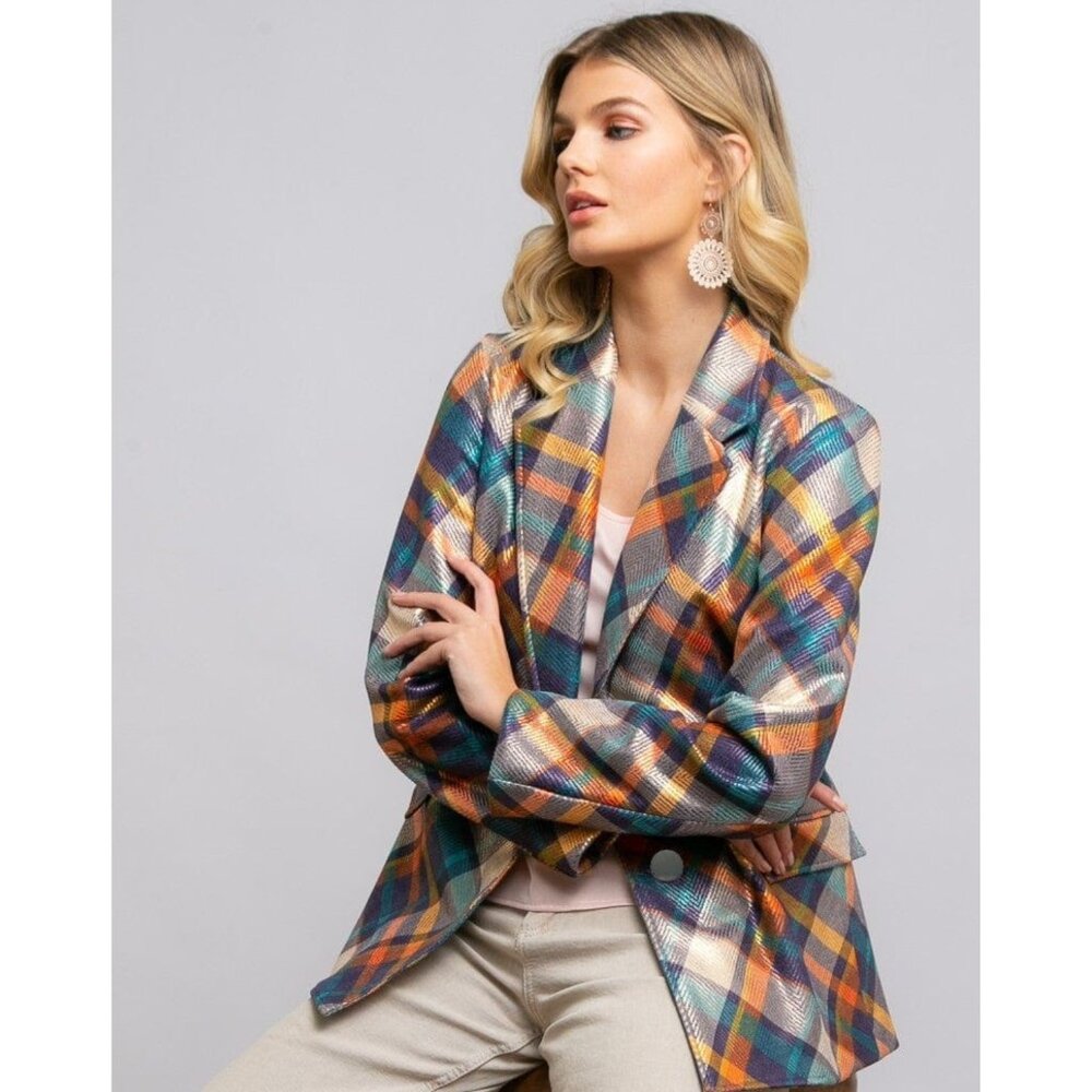 Anthropologie Eva Franco Plaid Double Breasted Shimmery Jacket with Pockets